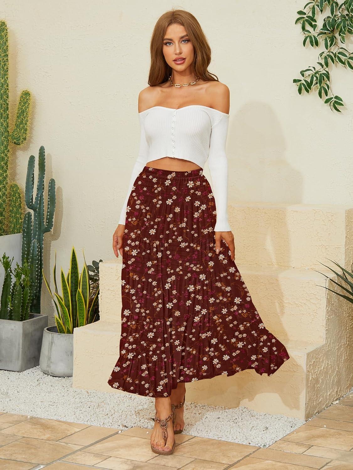 imageNASHALYLY Womens Chiffon Elastic High Waist Pleated ALine Flared Maxi SkirtsReddish Brown Flower