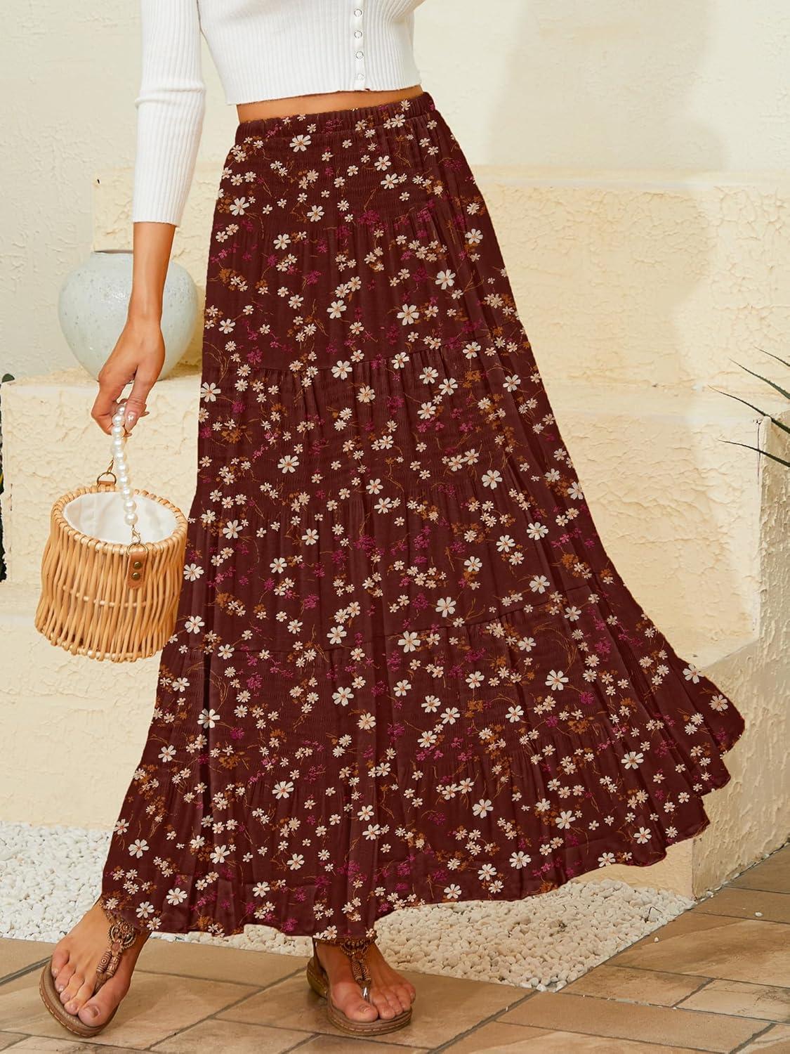 imageNASHALYLY Womens Chiffon Elastic High Waist Pleated ALine Flared Maxi SkirtsReddish Brown Flower