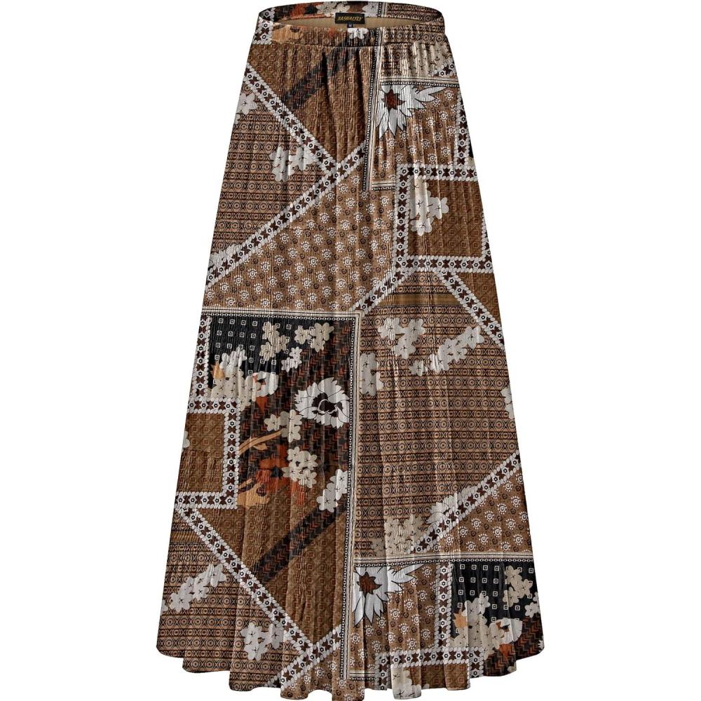 imageNASHALYLY Womens Chiffon Elastic High Waist Pleated ALine Flared Maxi SkirtsCoffee White Floral
