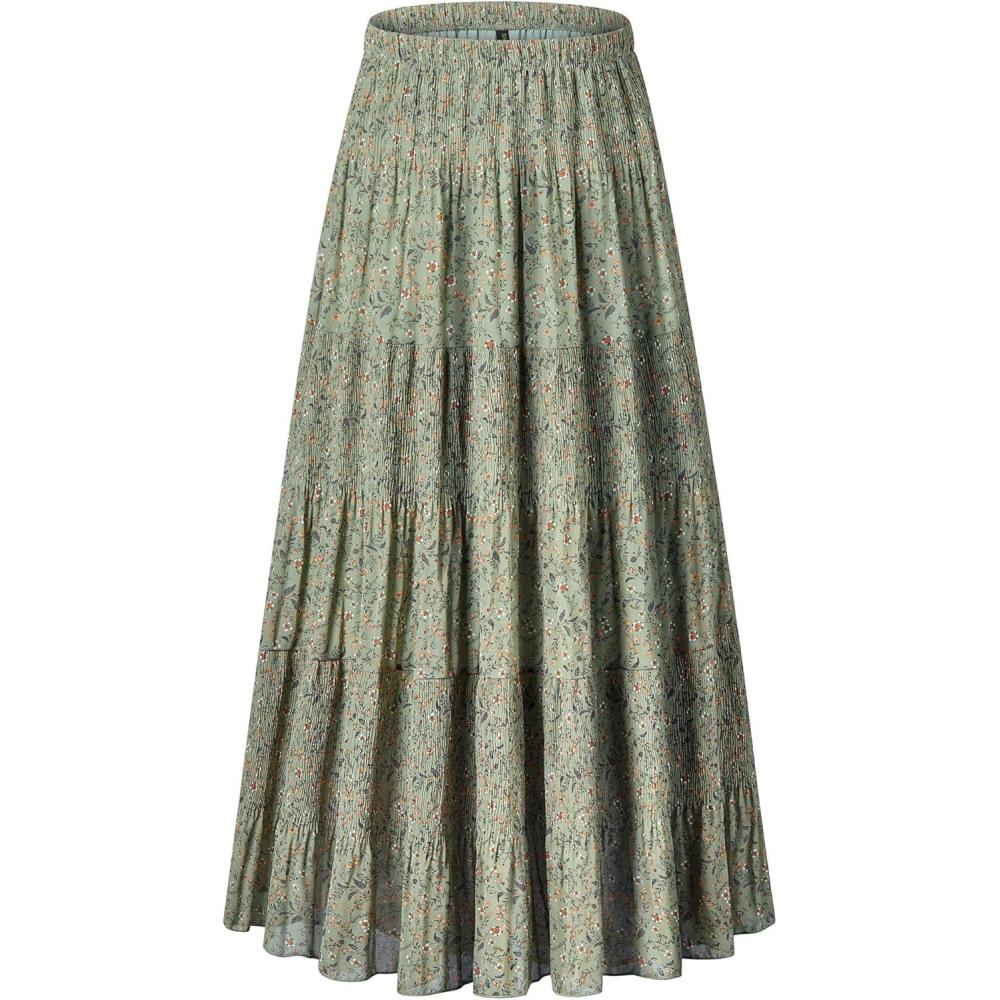 imageNASHALYLY Womens Chiffon Elastic High Waist Pleated ALine Flared Maxi SkirtsGreen Floral B