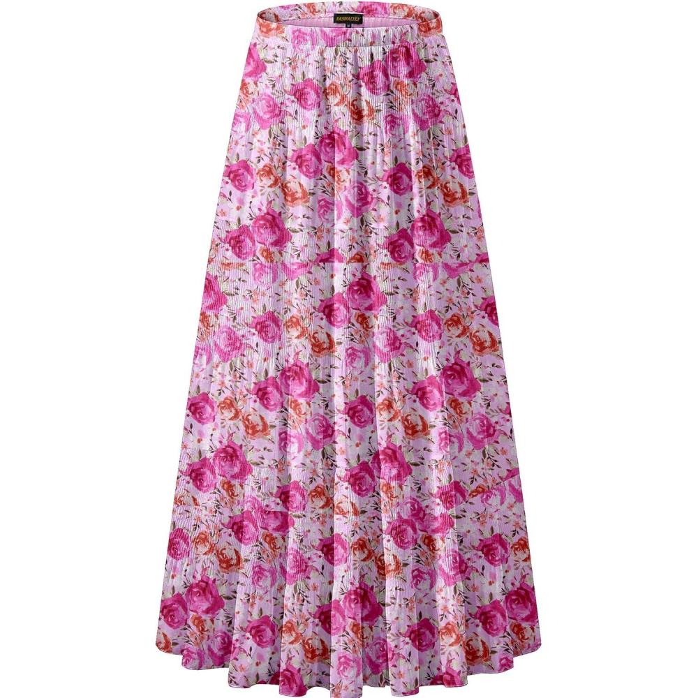 imageNASHALYLY Womens Chiffon Elastic High Waist Pleated ALine Flared Maxi SkirtsPink Rose