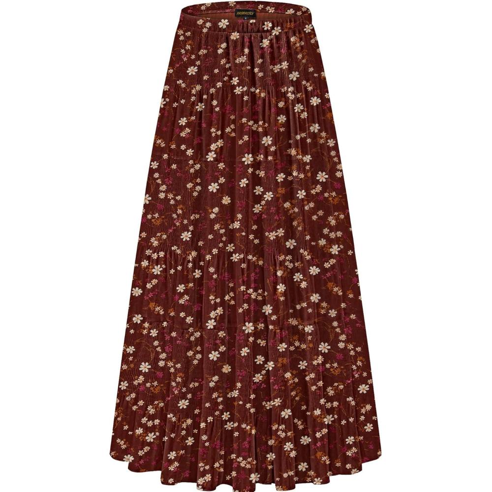 imageNASHALYLY Womens Chiffon Elastic High Waist Pleated ALine Flared Maxi SkirtsReddish Brown Flower