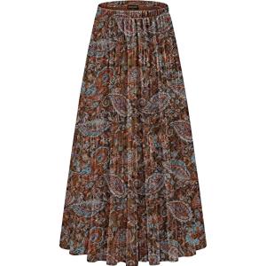 imageNASHALYLY Womens Chiffon Elastic High Waist Pleated ALine Flared Maxi SkirtsBrown Red Floral
