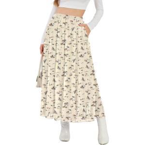 imageNASHALYLY Womens High Waisted Maxi SkirtElastic Chiffon Boho Long Skirt with PocketsBeige Floral