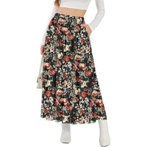 imageNASHALYLY Womens High Waisted Maxi SkirtElastic Chiffon Boho Long Skirt with PocketsBlack Green Floral