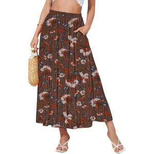 imageNASHALYLY Womens High Waisted Maxi SkirtElastic Chiffon Boho Long Skirt with PocketsCoffee Orange Floral