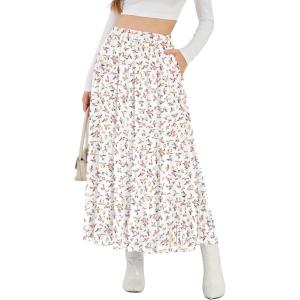 imageNASHALYLY Womens High Waisted Maxi SkirtElastic Chiffon Boho Long Skirt with PocketsWhite Shiny Floral