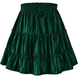 imageNASHALYLY Womens Summer Boho Floral Print Mini Skirt High Waist Drawstring Tiered SkirtsGreen Velvet