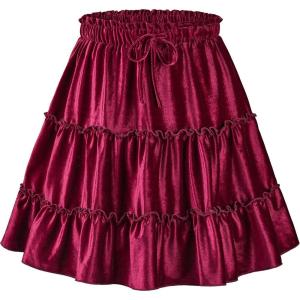 imageNASHALYLY Womens Summer Boho Floral Print Mini Skirt High Waist Drawstring Tiered SkirtsWine Red Velvet