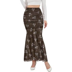 imageNASHALYLY Womens Mesh High Waisted Bodycon Mermaid Maxi Skirts Ruched Fishtail Long SkirtCoffee Flower
