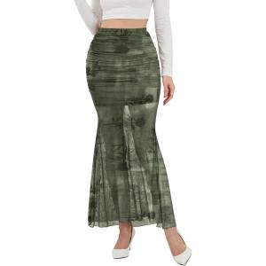 imageNASHALYLY Womens Mesh High Waisted Bodycon Mermaid Maxi Skirts Ruched Fishtail Long SkirtGreen Floral
