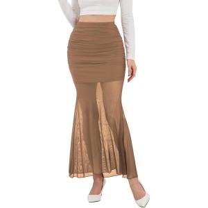 imageNASHALYLY Womens Mesh High Waisted Bodycon Mermaid Maxi Skirts Ruched Fishtail Long SkirtKhaki