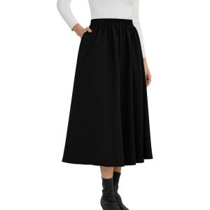 imageNASHALYLY Womens Midi Skirt High Waisted ALine Pleated Elastic Casual Long Skirt with PocketsBlack