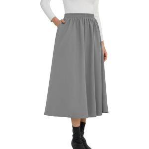 imageNASHALYLY Womens Midi Skirt High Waisted ALine Pleated Elastic Casual Long Skirt with PocketsGrey