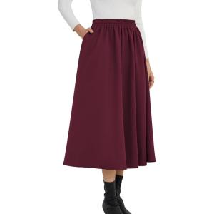 imageNASHALYLY Womens Midi Skirt High Waisted ALine Pleated Elastic Casual Long Skirt with PocketsWine Red