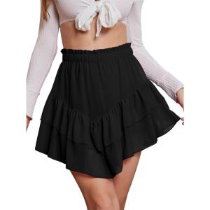 imageNASHALYLY Womens Mini Skirt Ruffle High Waist Elastic Boho Flowy Chiffon Tiered Skirt with ShortsBlack
