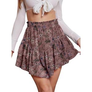 imageNASHALYLY Womens Mini Skirt Ruffle High Waist Elastic Boho Flowy Chiffon Tiered Skirt with ShortsDusty Pink Floral