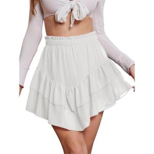 imageNASHALYLY Womens Mini Skirt Ruffle High Waist Elastic Boho Flowy Chiffon Tiered Skirt with ShortsWhite