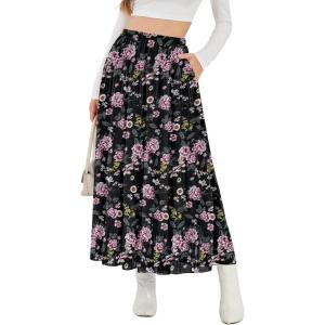 image:imageNASHALYLY Womens High Waisted Maxi SkirtElastic Chiffon Boho Long Skirt with PocketsBlack Pink Flower