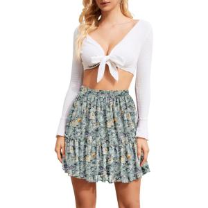 image:imageNASHALYLY Womens High Waist Mini Skirt Chiffon ALine Ruffle Short SkirtGreen Yellow Floral