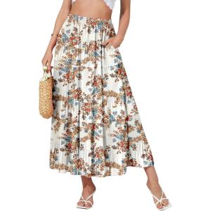 image:imageNASHALYLY Womens High Waisted Maxi SkirtElastic Chiffon Boho Long Skirt with PocketsApricot Tangerine Floral
