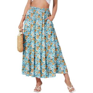 image:imageNASHALYLY Womens High Waisted Maxi SkirtElastic Chiffon Boho Long Skirt with PocketsBlue Yellow Floral