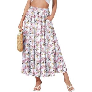 image:imageNASHALYLY Womens High Waisted Maxi SkirtElastic Chiffon Boho Long Skirt with PocketsWhite Pink Floral
