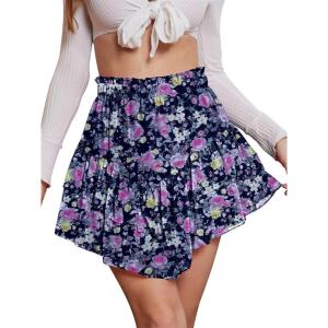 image:imageNASHALYLY Womens Mini Skirt Ruffle High Waist Elastic Boho Flowy Chiffon Tiered Skirt with ShortsBlue Pink Rose