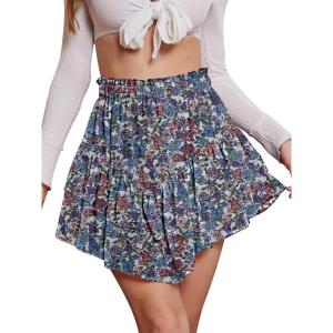 image:imageNASHALYLY Womens Mini Skirt Ruffle High Waist Elastic Boho Flowy Chiffon Tiered Skirt with ShortsBlue Purple Flower