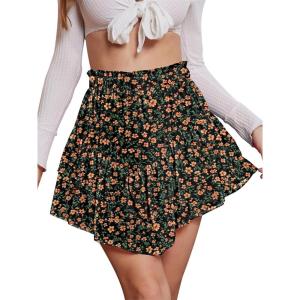 image:imageNASHALYLY Womens Mini Skirt Ruffle High Waist Elastic Boho Flowy Chiffon Tiered Skirt with ShortsEbony Tangerine Floral