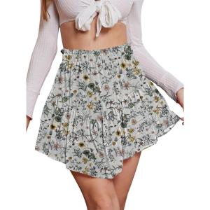 image:imageNASHALYLY Womens Mini Skirt Ruffle High Waist Elastic Boho Flowy Chiffon Tiered Skirt with ShortsWhite Floral