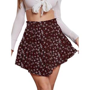 image:imageNASHALYLY Womens Mini Skirt Ruffle High Waist Elastic Boho Flowy Chiffon Tiered Skirt with ShortsWine Red White Floral