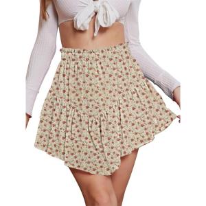 image:imageNASHALYLY Womens Mini Skirt Ruffle High Waist Elastic Boho Flowy Chiffon Tiered Skirt with ShortsYellow Red Floral