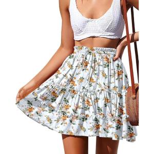image:imageNASHALYLY Womens Summer Boho Floral Print Mini Skirt High Waist Drawstring Tiered SkirtsWhite Yellow Floral