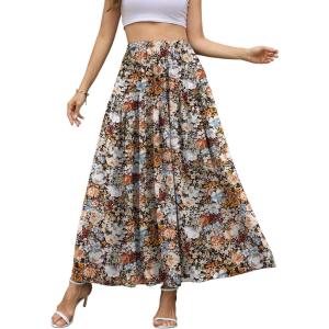 image:imageNASHALYLY Chiffon Maxi Skirt for Women ALine High Waisted Elastic Floral Long SkirtCoffee Floral