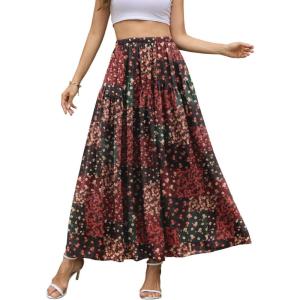 image:imageNASHALYLY Chiffon Maxi Skirt for Women ALine High Waisted Elastic Floral Long SkirtRed Green Floral