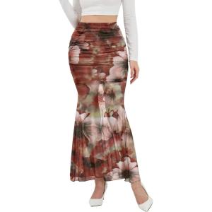 image:imageNASHALYLY Womens Mesh High Waisted Bodycon Mermaid Maxi Skirts Ruched Fishtail Long SkirtEmber Red Floral