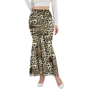 image:imageNASHALYLY Womens Mesh High Waisted Bodycon Mermaid Maxi Skirts Ruched Fishtail Long SkirtLeopard