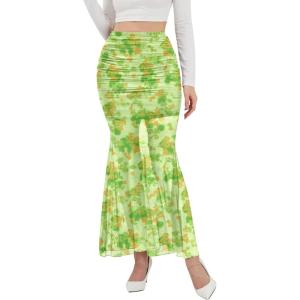 image:imageNASHALYLY Womens Mesh High Waisted Bodycon Mermaid Maxi Skirts Ruched Fishtail Long SkirtLush Greenyellow