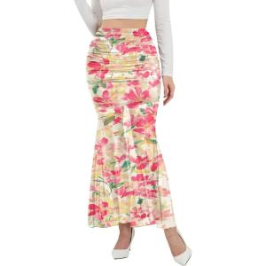 image:imageNASHALYLY Womens Mesh High Waisted Bodycon Mermaid Maxi Skirts Ruched Fishtail Long SkirtPink Watercolor Blossom