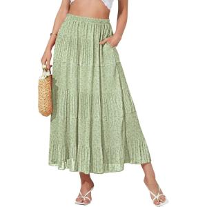 image:imageNASHALYLY Womens High Waisted Maxi SkirtElastic Chiffon Boho Long Skirt with PocketsGreen Pink Floral