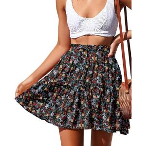 image:imageNASHALYLY Womens Summer Boho Floral Print Mini Skirt High Waist Drawstring Tiered SkirtsBlack Red Floral