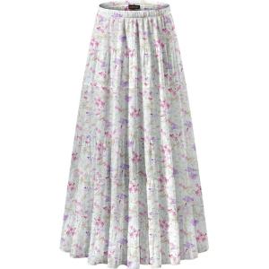 image:imageNASHALYLY Womens Chiffon Elastic High Waist Pleated ALine Flared Maxi SkirtsBeige Pink Floral