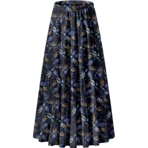 image:imageNASHALYLY Womens Chiffon Elastic High Waist Pleated ALine Flared Maxi SkirtsDark Indigo Leaves