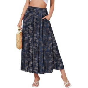 image:imageNASHALYLY Womens High Waisted Maxi SkirtElastic Chiffon Boho Long Skirt with PocketsBlue Gray Leaves