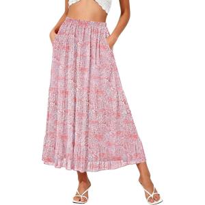 image:imageNASHALYLY Womens High Waisted Maxi SkirtElastic Chiffon Boho Long Skirt with PocketsPink White Floral